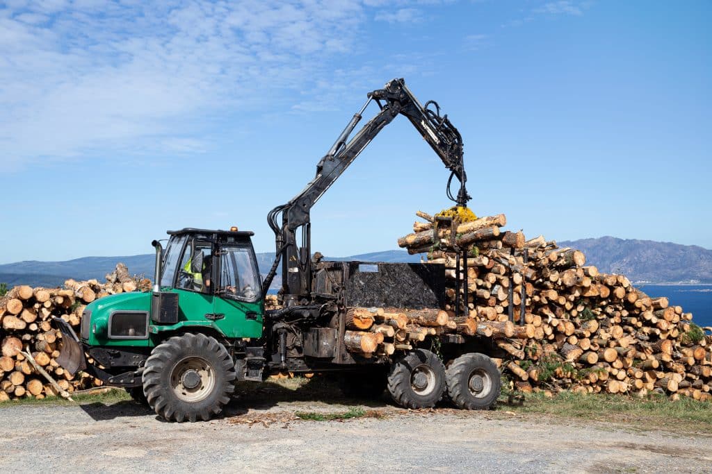 Grumier forestier déchargeant des troncs d'arbres