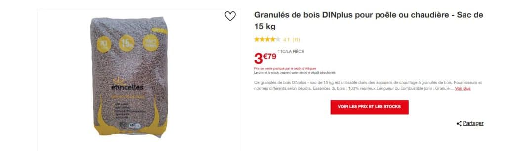 les granulés de bois Étincelles, proposés par brico dépôt à un prix attractif de 3,79 €