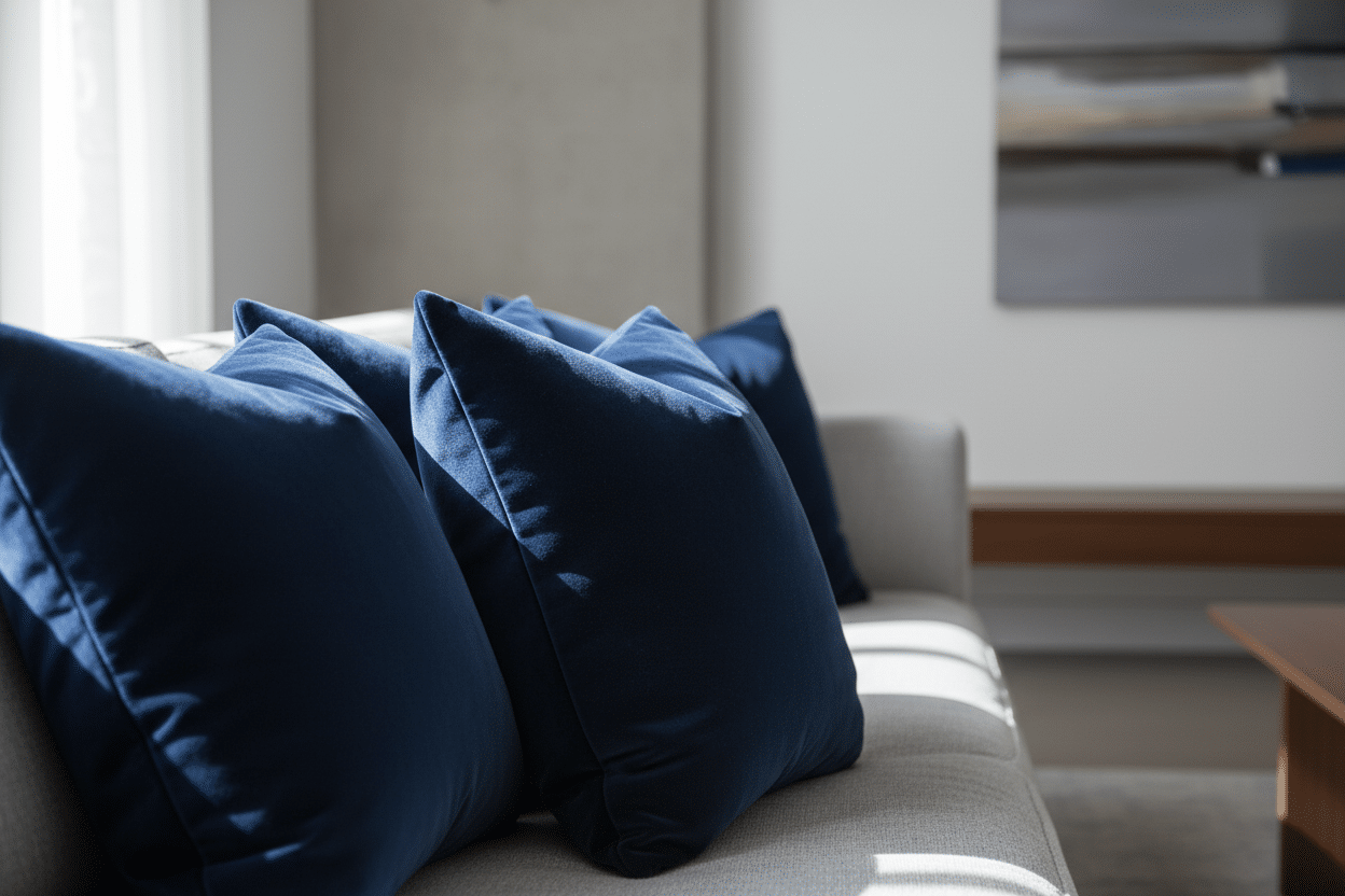 Accessoires et textiles en bleu nuit pour une décoration dosée